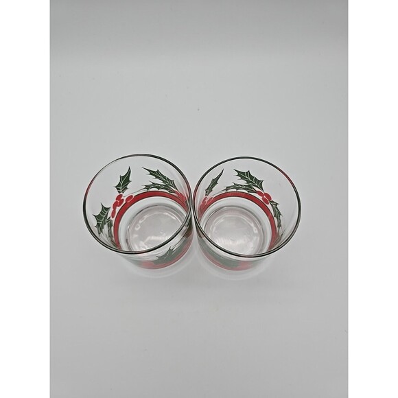 Vintage Set of (2) LIBBY Holly & Berries Ribbon 4" Old Fashioned Rocks Glasses - Picture 4 of 8